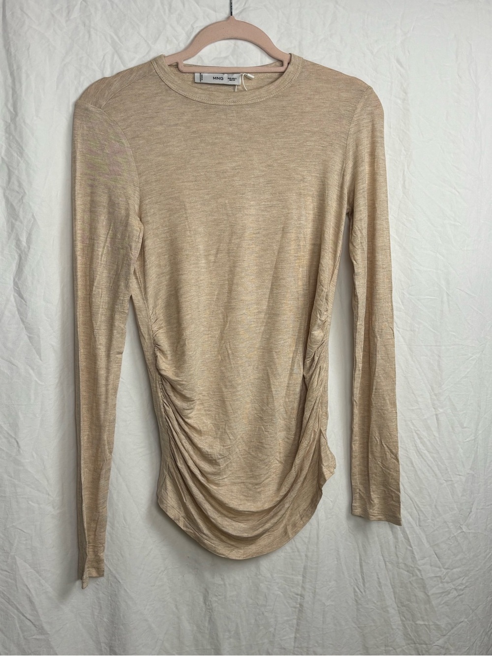 Mango MNG Small women’s Neutral Beige Long Sleeve Side-Ruched Top